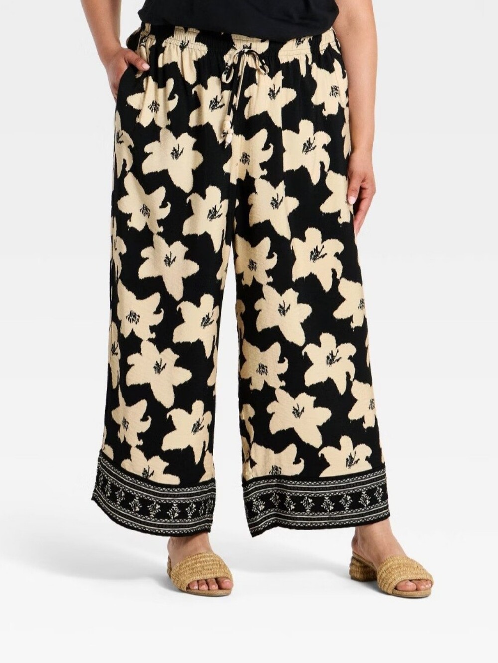 Women's High-Rise Tie-Front Wide Leg Pull-On Pants - Ava & Viv Black Floral
